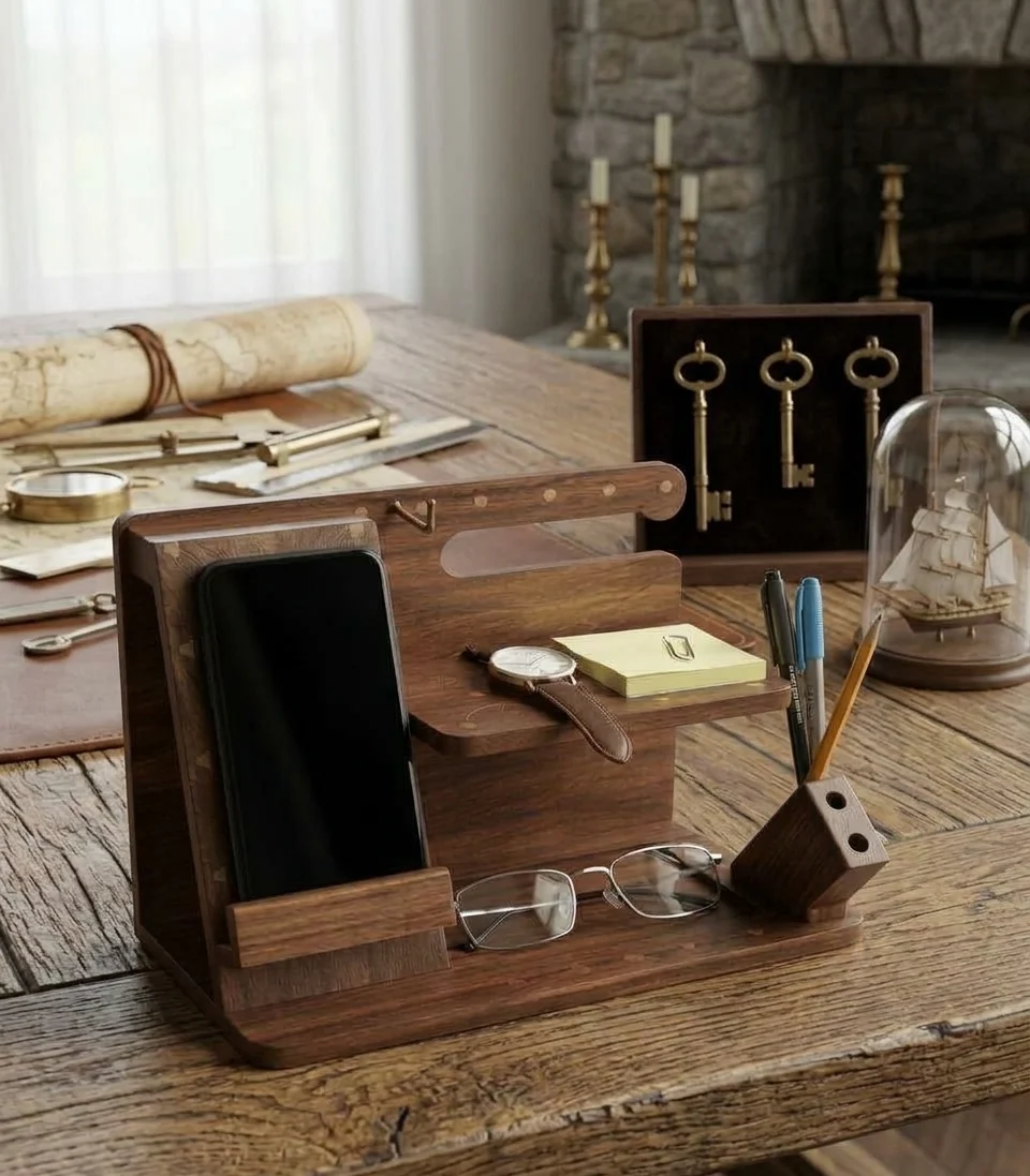 Wooden & Brass Desk Organizer – Mobile Docking Station - photo 3