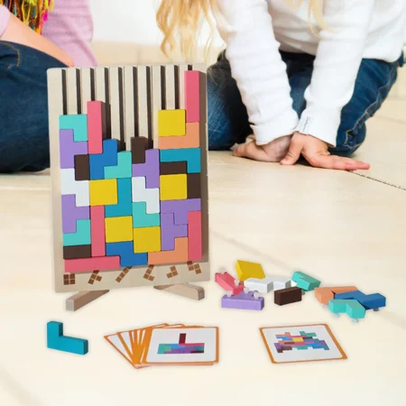 Wooden Tetris Puzzle Game – Montessori 3D Colourful Blocks