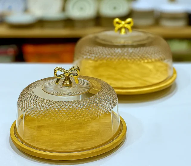 Glass Cake Dish with Wood Base – Gold Bow Handle Cake Stand – photo 3
