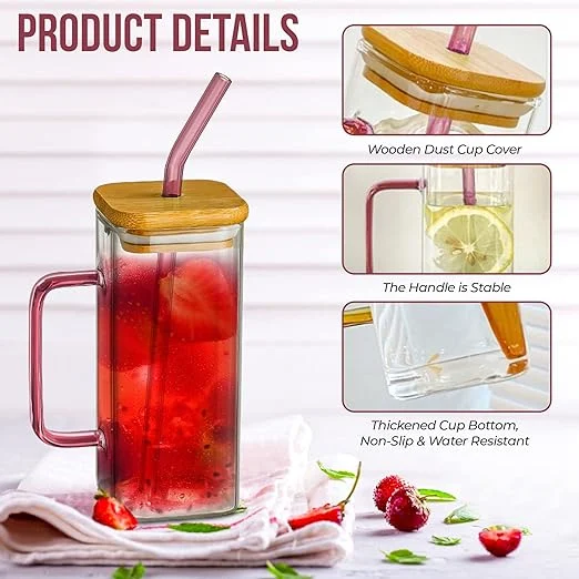 Rectangular Glass Mug with Straw and Wood Lid - 400 ML - photo 4