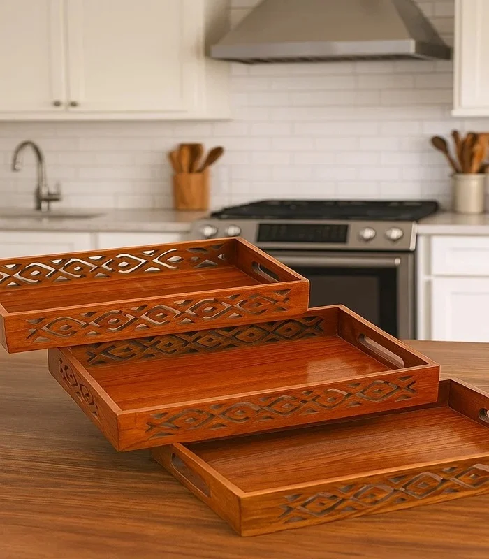 Wooden Cut Work Tray Set of 3 – Decorative Serving Trays