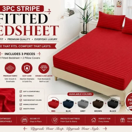 China Cotton Satin Striped Fitted Sheet Set – King with 2 Pillow Covers