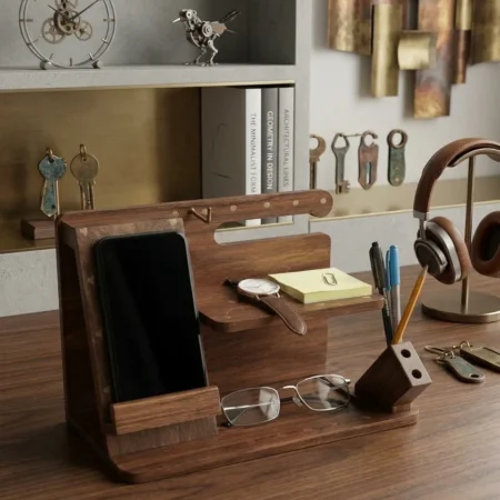 Wooden & Brass Desk Organizer – Mobile Docking Station