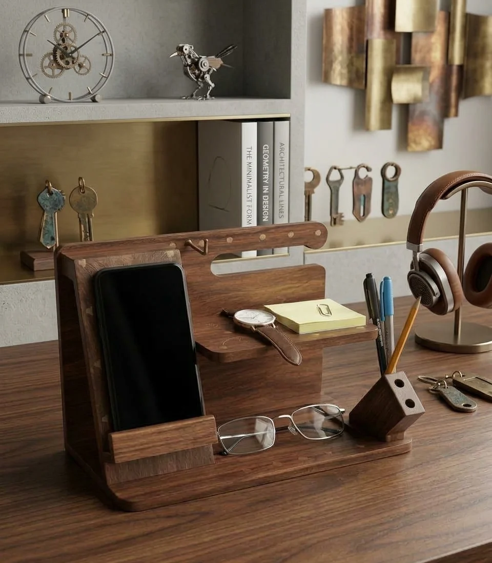 Wooden & Brass Desk Organizer – Mobile Docking Station
